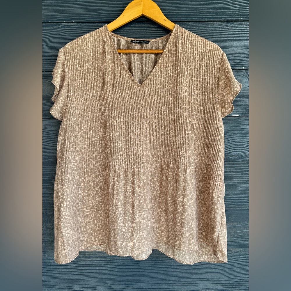 Adrianna Papell Taupe Textured top Blouse micro dot pattern elegant  Sz L - Picture 2 of 7